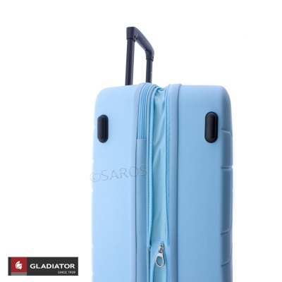 Mala rígida azul clara com alça extensível preta e fecho de correr prateado