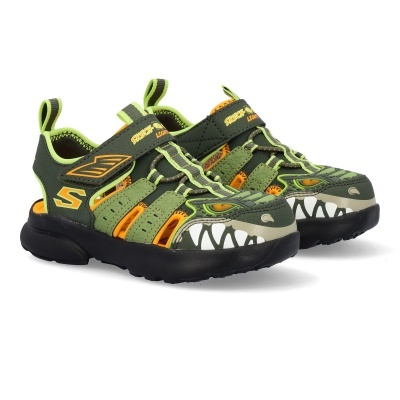 Sandálias infantis Skechers verdes e laranja com faixa de velcro preta e design de dentes e olhos na frente