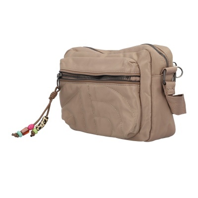 Bolsa pequena bege com fechos e contas coloridas