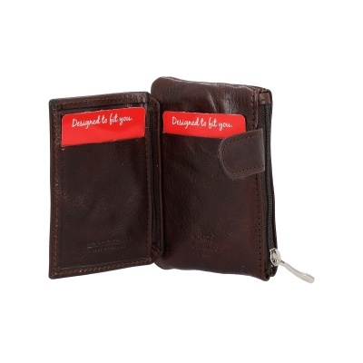 Carteira de pele castanha com dois cartões vermelhos e fecho