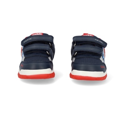 Sapatilhas infantis Geox azul com tiras de velcro vermelhas e texto Marvel