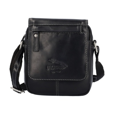 Mala de tiracolo preta em couro com logótipo JAGUAR embossado.