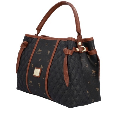 Mala de mão preta e castanha com padrão Cavalinho e placa metálica dourada.