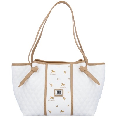 Mala branca de senhora com detalhes bege e estampas douradas