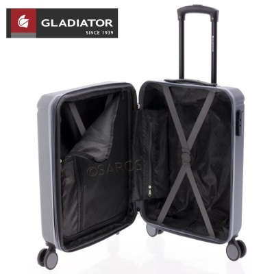 Mala de viagem rígida cinza aberto com interior preto e rodízios