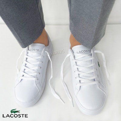 Ténis brancos LACOSTE com atacadores em fundo branco de pernas com calças cinzentas