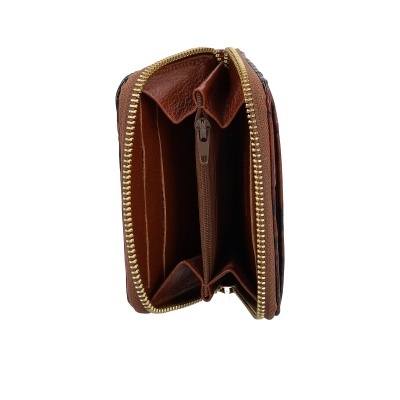 Carteira castanha em pele sintética com fecho dourado e vários compartimentos