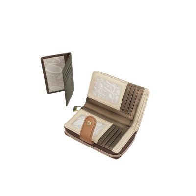 Carteira feminina castanha, bege e bronze com múltiplas divisórias e janelas transparentes