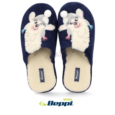 Chinelos de quarto azul escuro com lhama branca e interior peludo bege