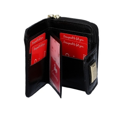 Carteira preta em couro com vários compartimentos para cartões e notas aberta