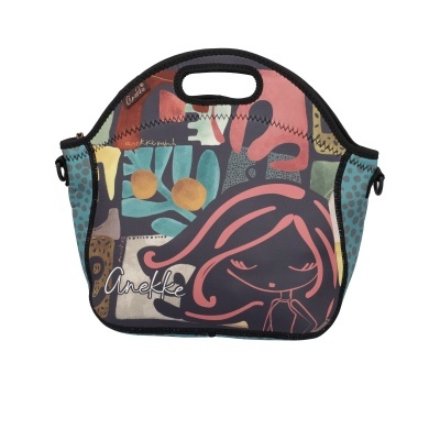 Bolsa colorida em tecido Neopreno com ilustração e palavras Anekke