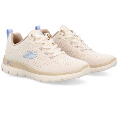 Ténis esportivos Skechers bege com detalhes em azul claro