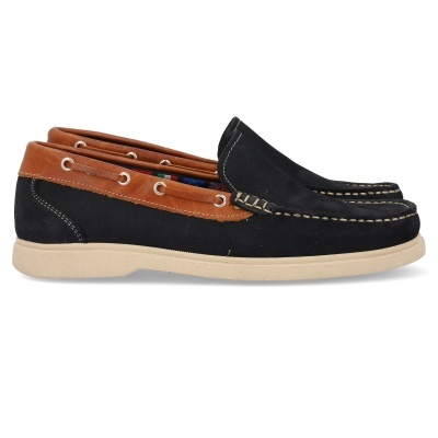 Sapatos mocassim em camurça preta e couro castanho com sola branca