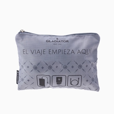 Bolsa de viagem cinza com texto e ícones eletrónicos