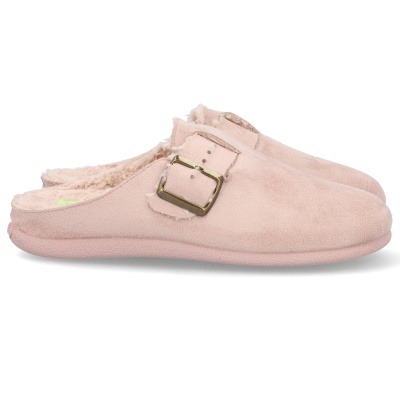 Chinelos de casa rosa claro com fivela dourada e interior forrado a pelo sintético