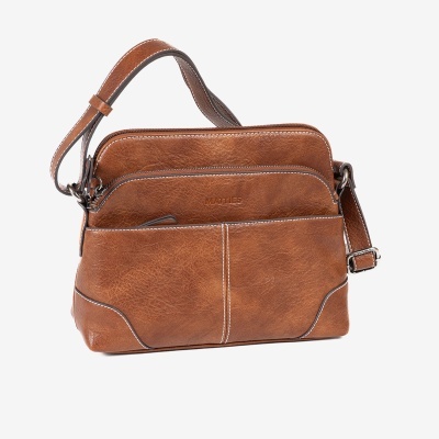 Mala castanha de couro com alça ajustável e bolso exterior