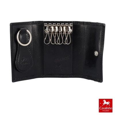 Chaveiro de couro preto Cavalinho aberto com argolas metálicas para chaves