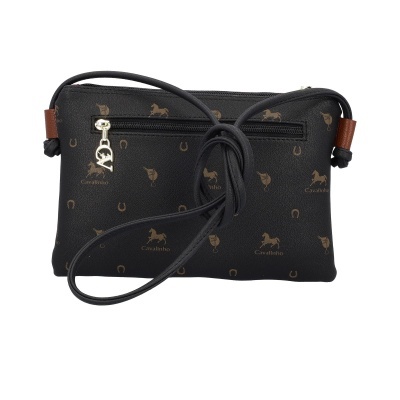 Carteira preta com estampado castanho e fecho de correr com pendente