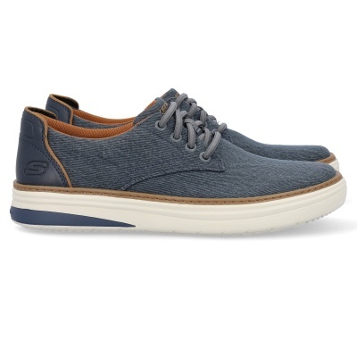 Sapatos masculinos Skechers em tecido azul escuro com sola branca e detalhes castanhos