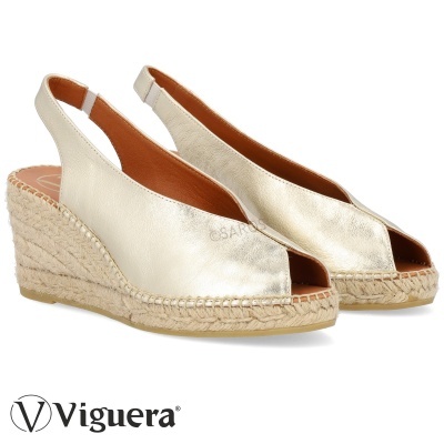 Sapatilhas de cunha douradas em pele com sola de cortiça trançada