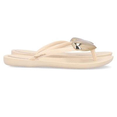 Chinelos femininos bege com detalhe dourado metálico