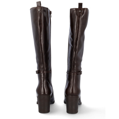 Botas altas femininas em couro castanho escuro com salto bloco e fecho lateral