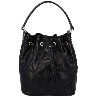 Mala preta de mão em pele com padrão em relevo de elefantes e texto Caterina Lucchi