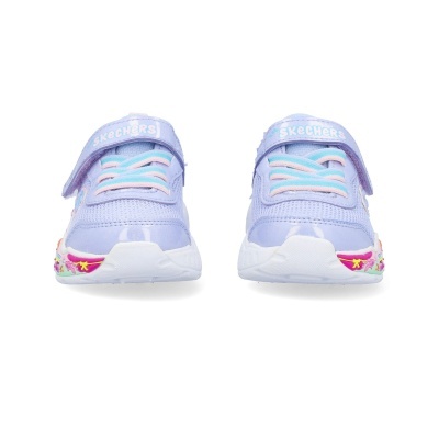 Sapatilhas infantis lilás Skechers com fecho de velcro e atacadores coloridos