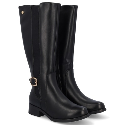 Botas pretas compridas com fivela dourada e elástico no lado