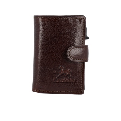 Carteira de pele castanha com fecho e logo Cavallinho