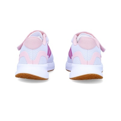Par de sapatilhas desportivas femininas brancas e cor-de-rosa vistas de trás