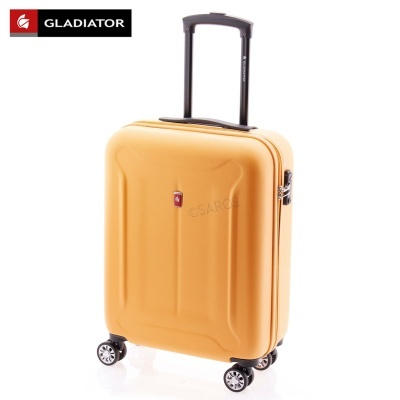 Mala de viagem rígida amarela com puxador preto e rodas giratórias.