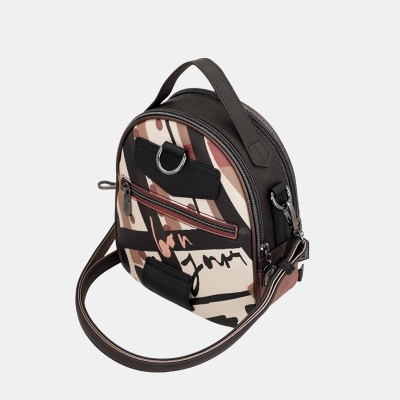 Mala pequena com padrão abstrato em creme, castanho e preto com alça e fecho de correr