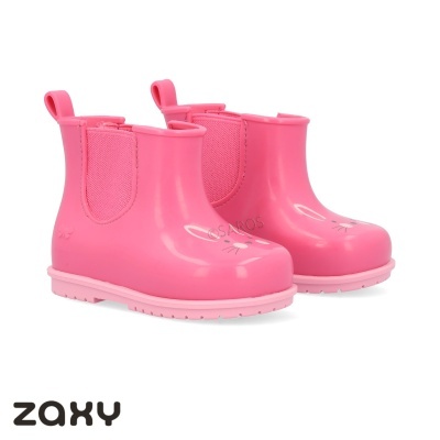 Botas infantis rosa de borracha com elástico lateral e desenho de coelho