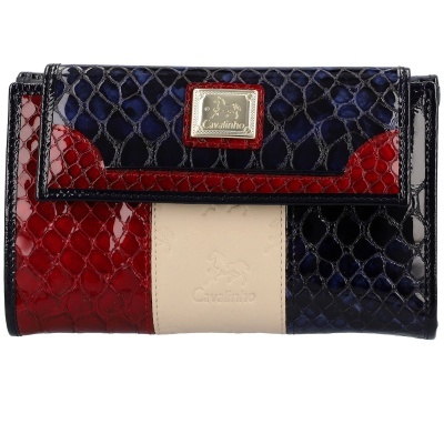 Carteira Cavalinho em padrão pele de cobra tricolor com placa metálica