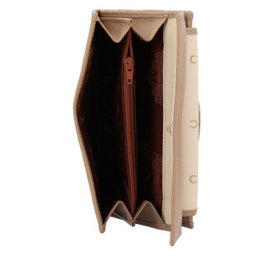 Carteira bege com interior castanho e fecho em zíper