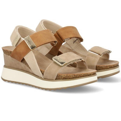 Sandálias femininas bege e castanho com cunha e tiras ajustáveis em camurça