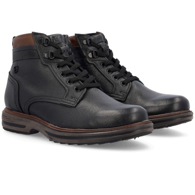 Botins masculinos pretos em pele com solado castanho e gola castanha