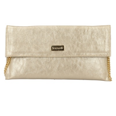 Carteira dourada tipo clutch com corrente e placa Sameli