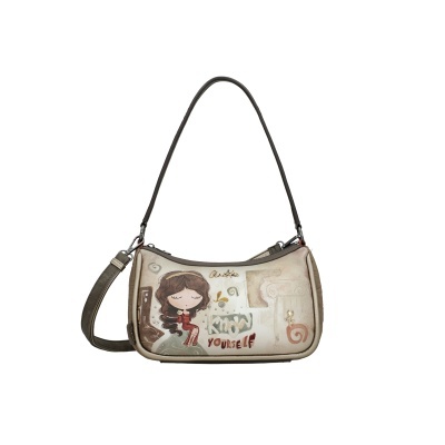 Mala de ombro bege e castanha com ilustração e texto Know Yourself
