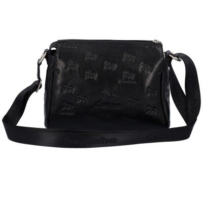 Bolsa preta de ombro com padrão em relevo e alça preta ajustável