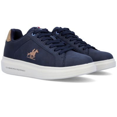 Ténis azuis escuros com sola branca e logo bordado castanho