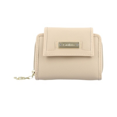 Carteira feminina bege com placa metálica cocktail
