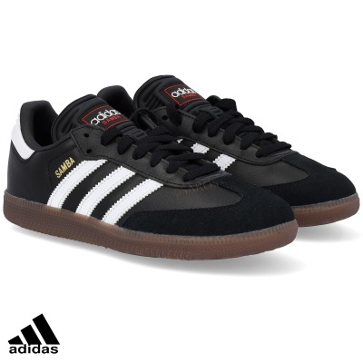 Sapatilhas Adidas Samba pretas com riscas brancas e sola castanha