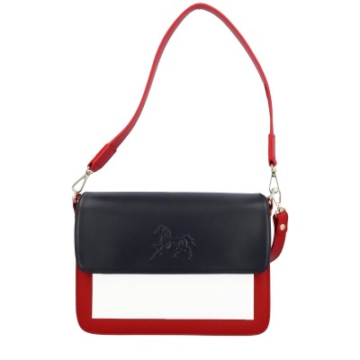 Mala de mão retangular preta, branca e vermelha com alça vermelha