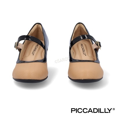 Sapatos femininos bege com tira preta e fivela dourada da marca PICCADILLY