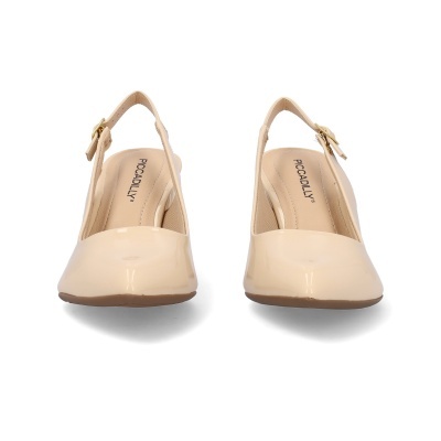 Sapatos de salto médio bege com correia e fivela dourada