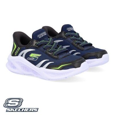 Ténis desportivos azuis escuros Skechers com detalhes verdes e brancos