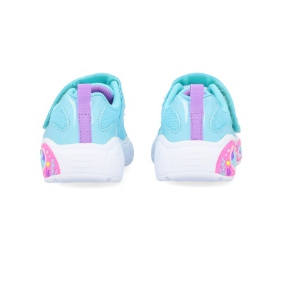 Ténis infantis azuis turquesa com sola branca e detalhes cor-de-rosa