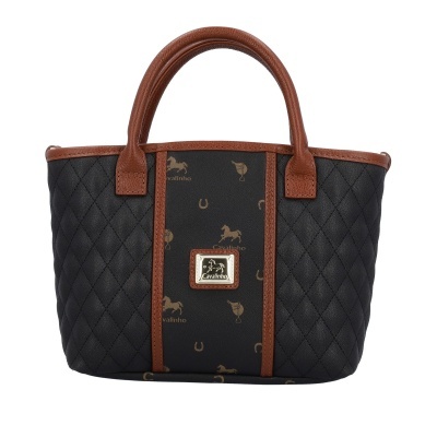 Mala de mão preta com detalhes em pele castanha e símbolo Cavalinho em metal